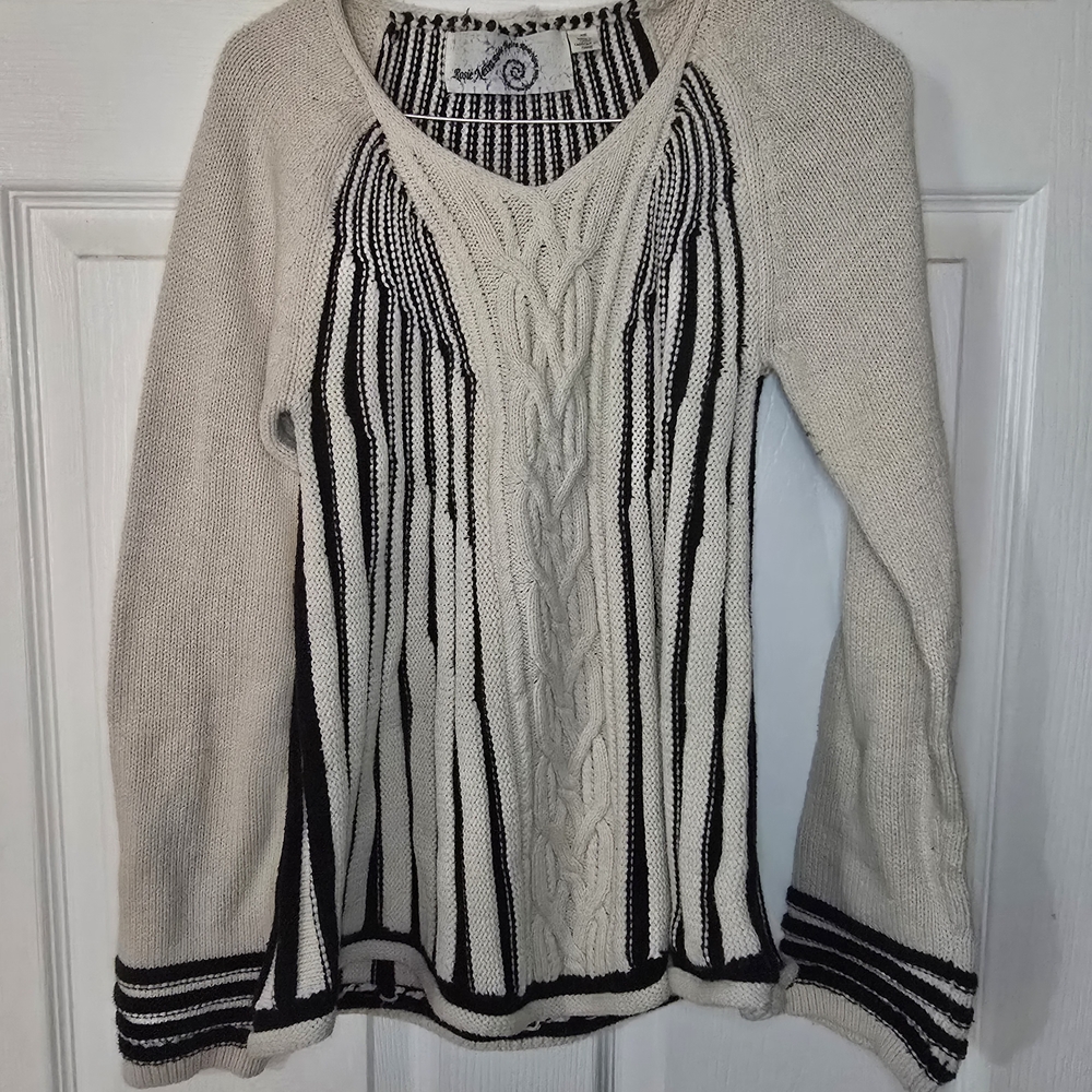 Elegant V-Neck Sweater with Black and Cream Stripes